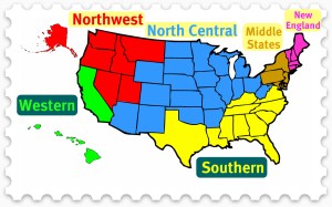 Map of U.S. showing regional accrediting territories