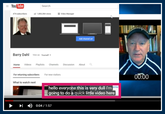 Screen capture of a video with captions saying: this is very dull instead of this is Barry Dahl