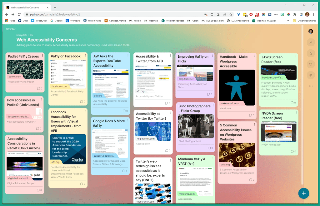 A screenshot of a Padlet made specifically for this blog post with links to many resources about accessibility, including Facebook, Google, Twitter, WordPress, etc.
