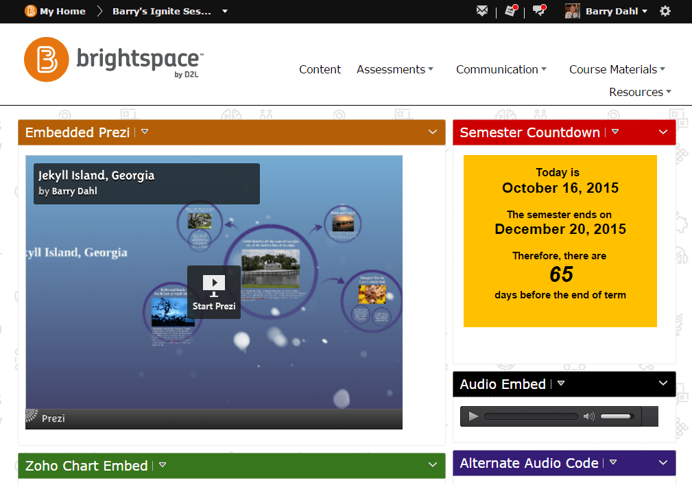 Embedded Prezi on the homepage of an online course using Brightspace.