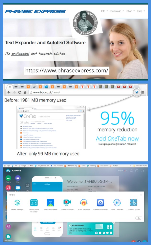 screenshots of the three free web apps: Phrase Express, One Tab, and AirMore