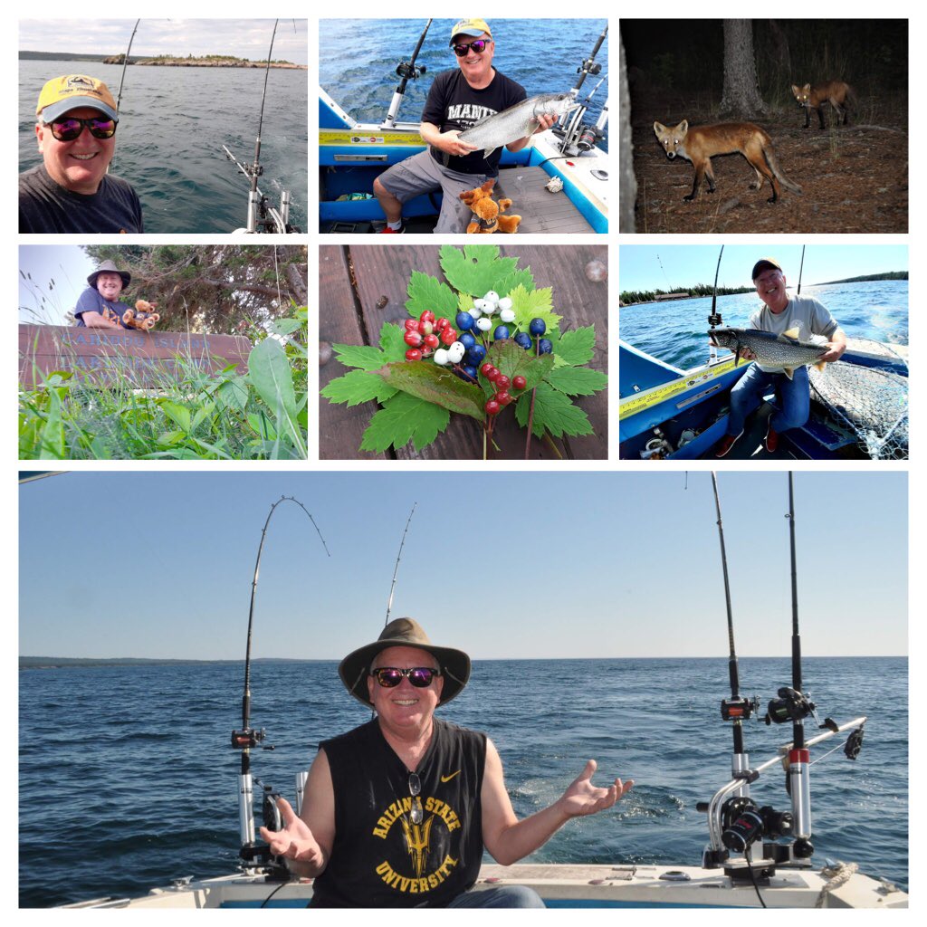 Several photos of Barry at Isle Royale National Park, along with a pair of foxes and some red, white, and blue berries