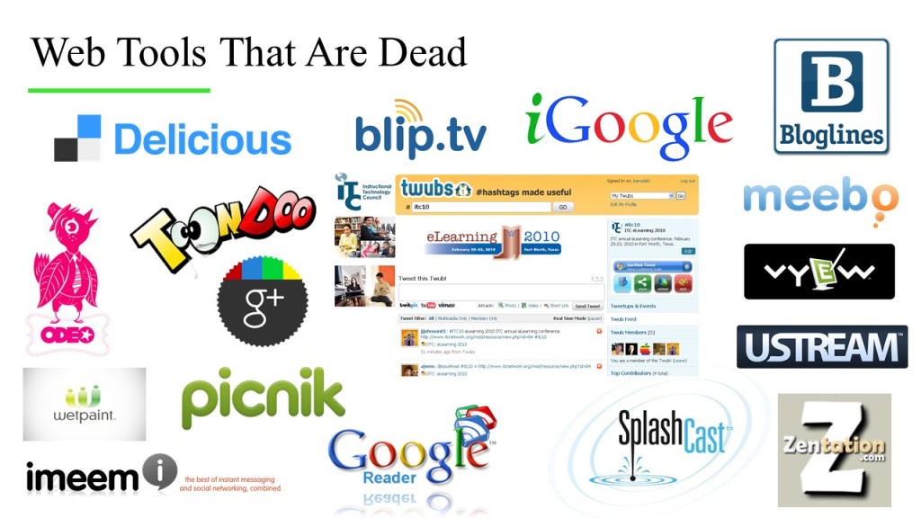 Web tools that are dead, including all the ones in the unordered list 
